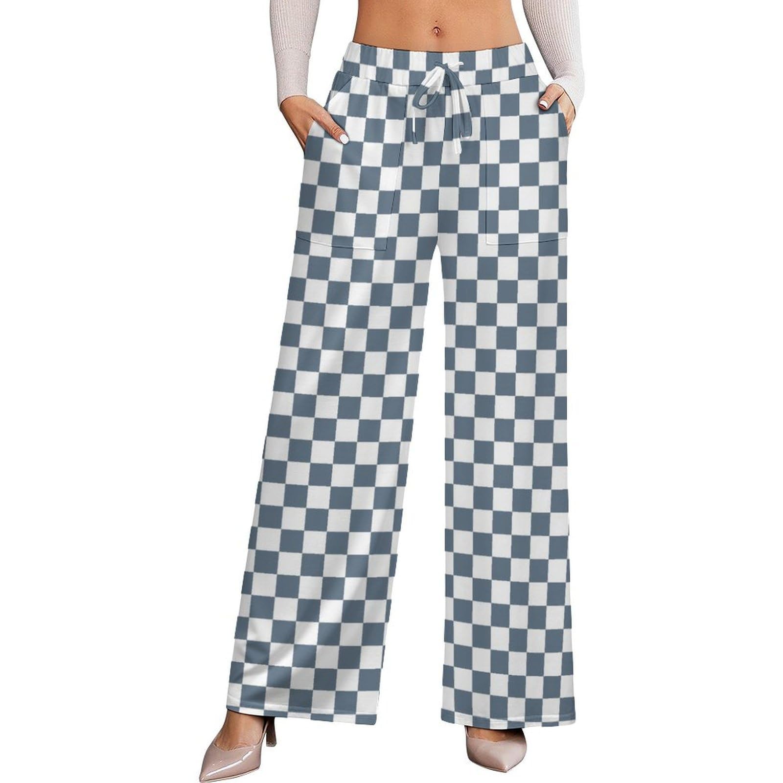 Wide Leg Pants for Women Cotton - Gray White Square Plaid Print Ladies Casual High Waisted Slacks Palazzo