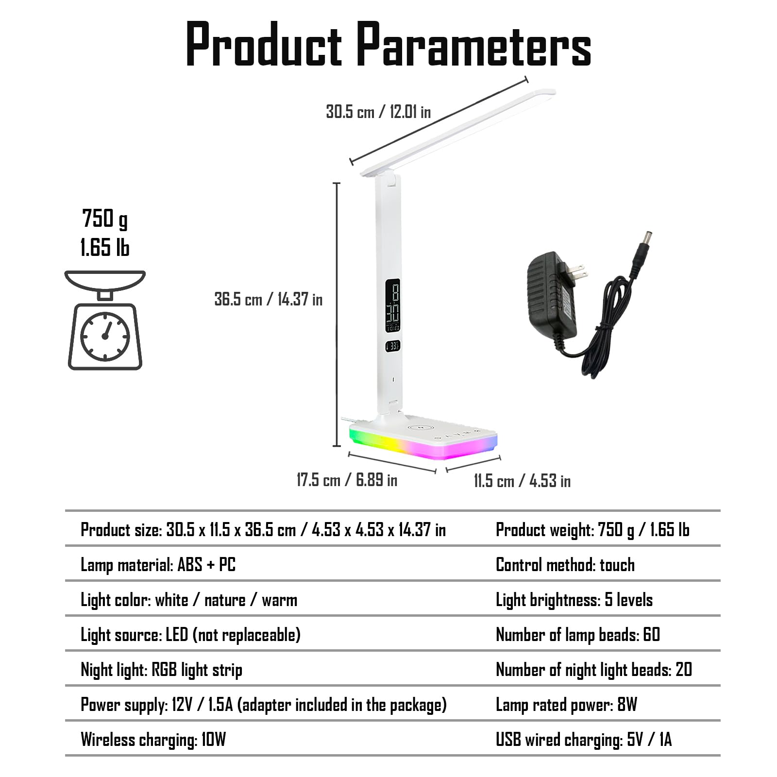 Lampada da tavolo a LED con ricarica wireless e cablata, lampada da tavolo pieghevole, 5 luminosità e 3 modalità di illuminazione, visualizzazione ora e temperatura, luce notturna RGB