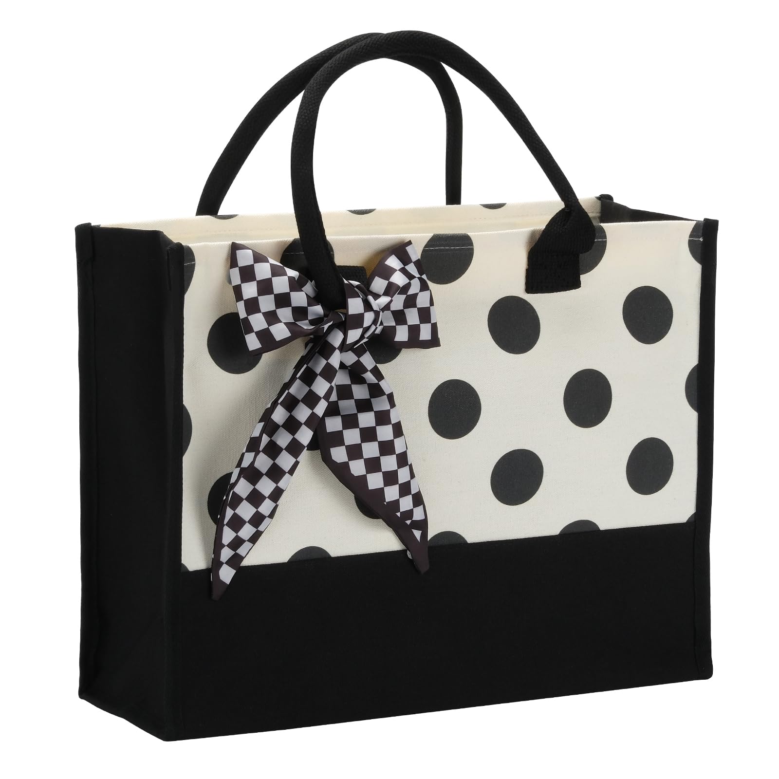 Shmbada Black White Polka Dot Checkered Plaid Stripes Canvas Tote Bag, Waterproof Durable Tear Resistant with Zipper Closure