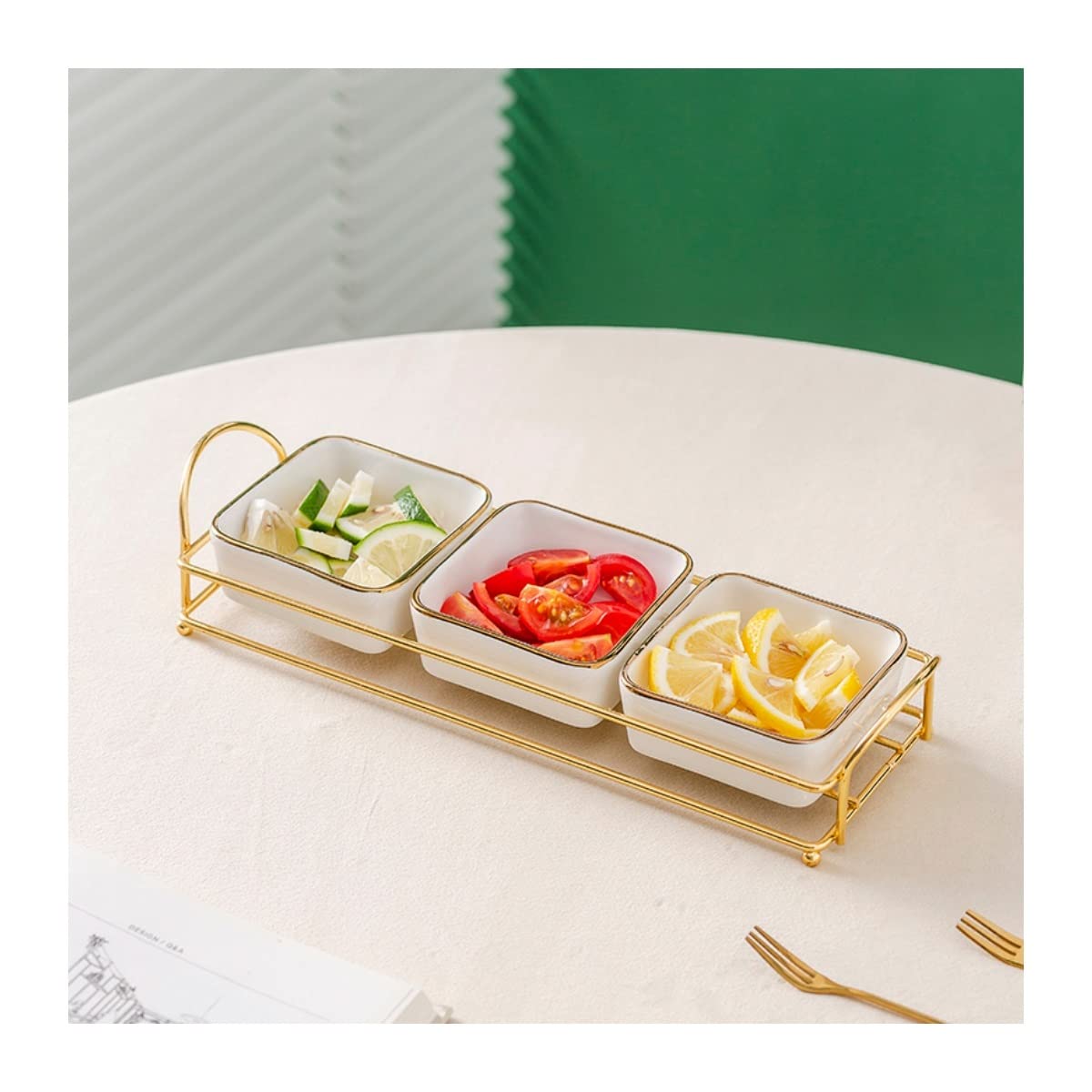 HEXEH Salatteller Haushalts DREI Gitter Keramikplatte mit Regal Snack Obstteller modern Plastikteller (Color : E)