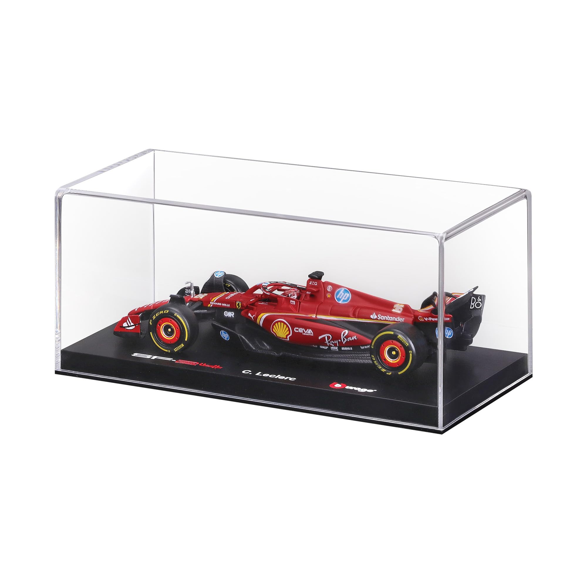 Bburago - Ferrari SF-24 Fórmula 1 GP Monza 2024#16 Leclerc, Modelo de Coche diecast a Escala 1:43 con Casco y Vitrina, réplica Oficial Ferrari, Edad Recomendada 14+ años