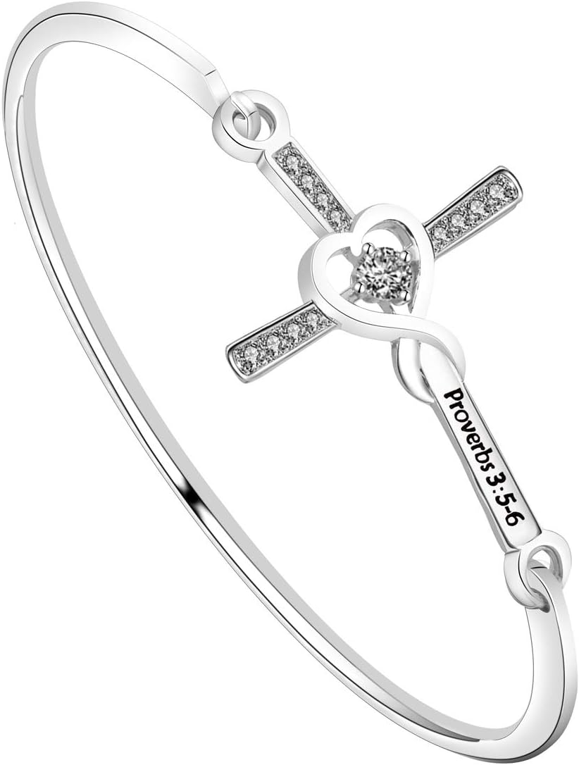 FEELMEM Christian Bracelet Faith Bracelet Proverbs 3:5-6 Trust in the With All Your Heart Bible Verse Cross Bangle Bracelet Religious Gift Christening Gift (proverbs3:5-6)