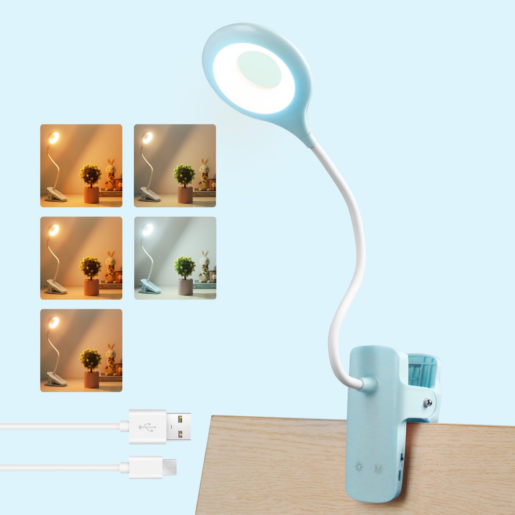 Akynite 3W Rechargeable Clip on Bed Lamp, Type C Charging, 5 Colour & 5 Brightness, 28 LED Touch Control Bedside Lamp Dimmable, Portable Battery Clip Desk Light, Reading Light, Blue