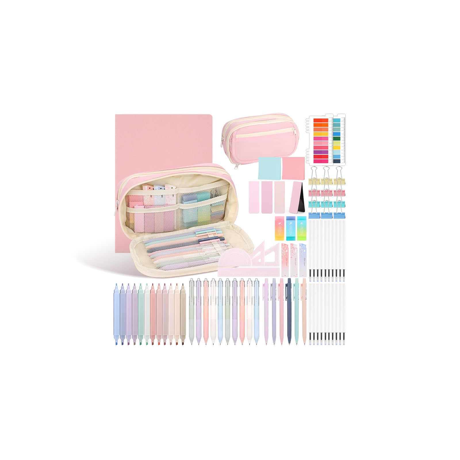 Aesthetic Stationery Supplies with Pink Pencil Case & Notebook, Pastel Highlighters Gel Pens Mechanical Pencils Refills Rulers Rubbers Sticky Notes, Stationery Set for Students School Supplies Office