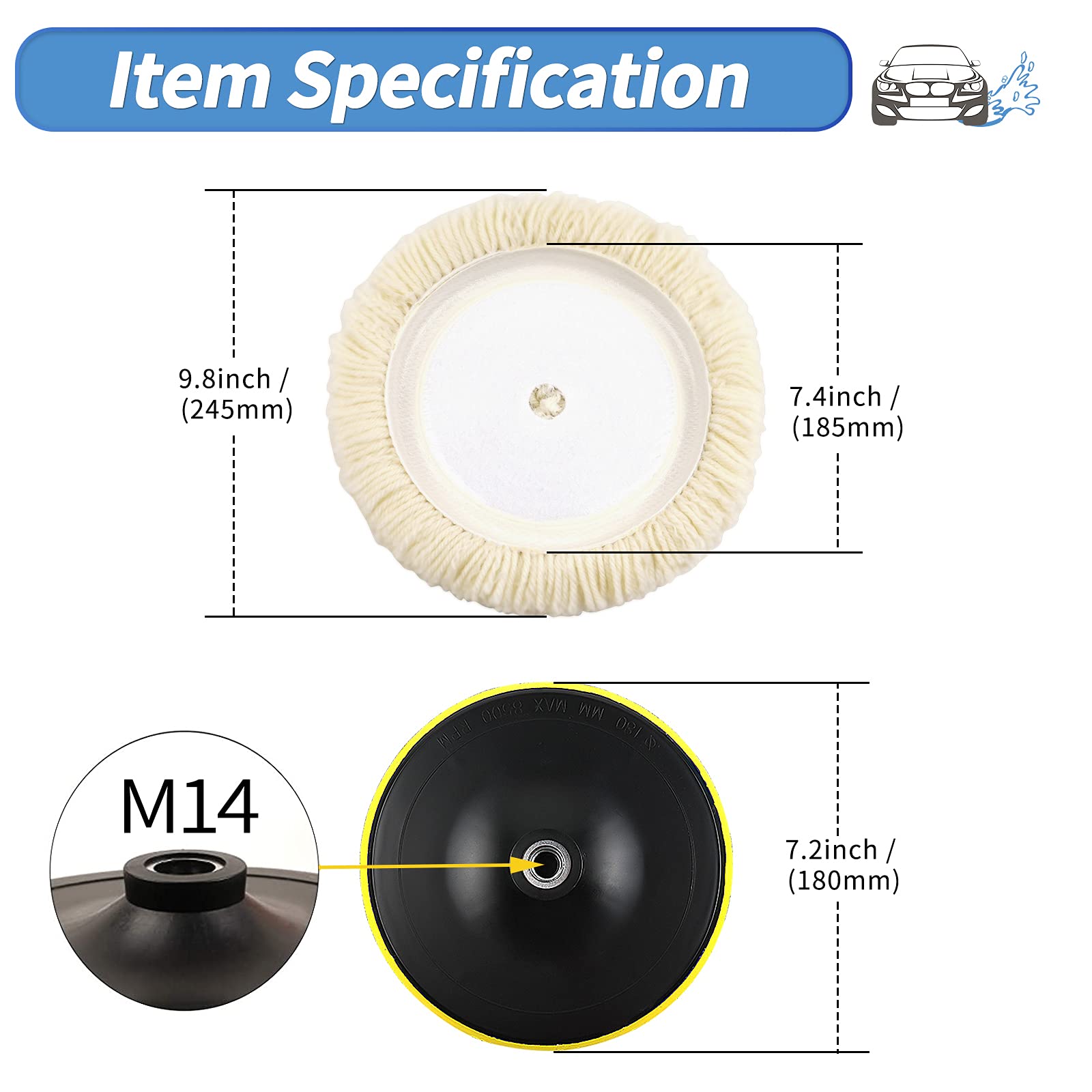 OTUAYAUTO - Cuscinetto per lucidatura in lana, 3 pezzi da 230 mm, 100% lana e 1 piastra di supporto per lucidatrice da 5/8-11