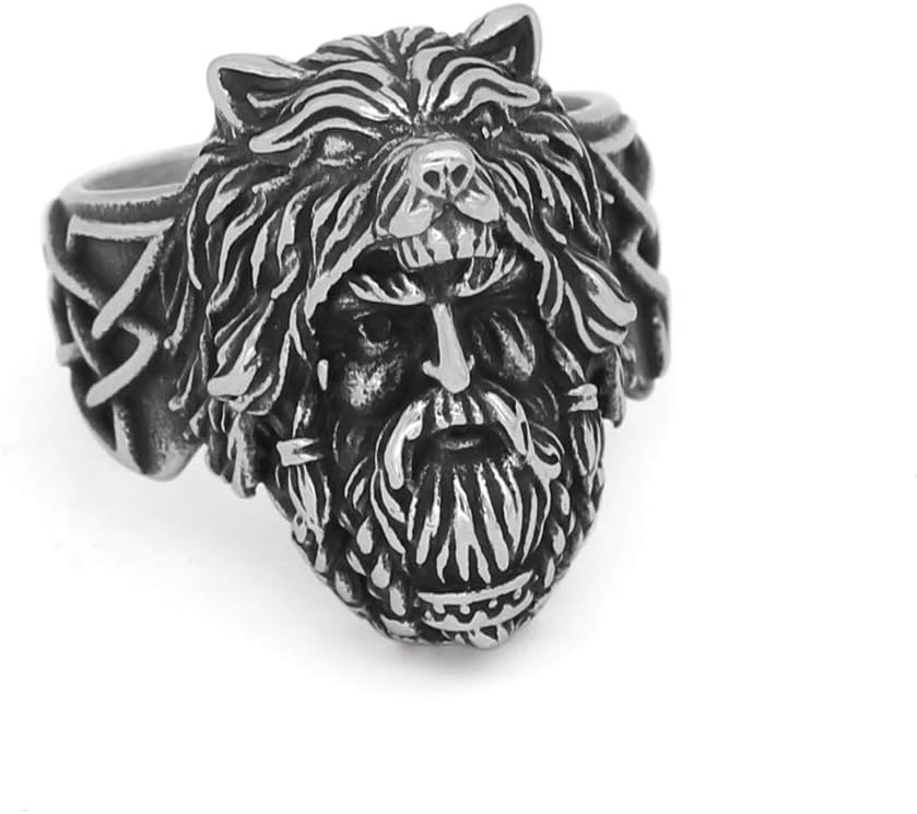 GuoShuangNordic Viking Amulet Odin face Wolf Geri and Freki Amulet Stainless Steel Ring with Valknut Rune Gift Bag