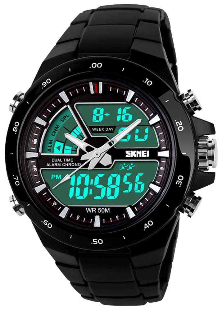 Men's Analog Digital 50M Waterproof Sports Watch Military Multifunction Stopwatch Alarm Backlight Gold Watch