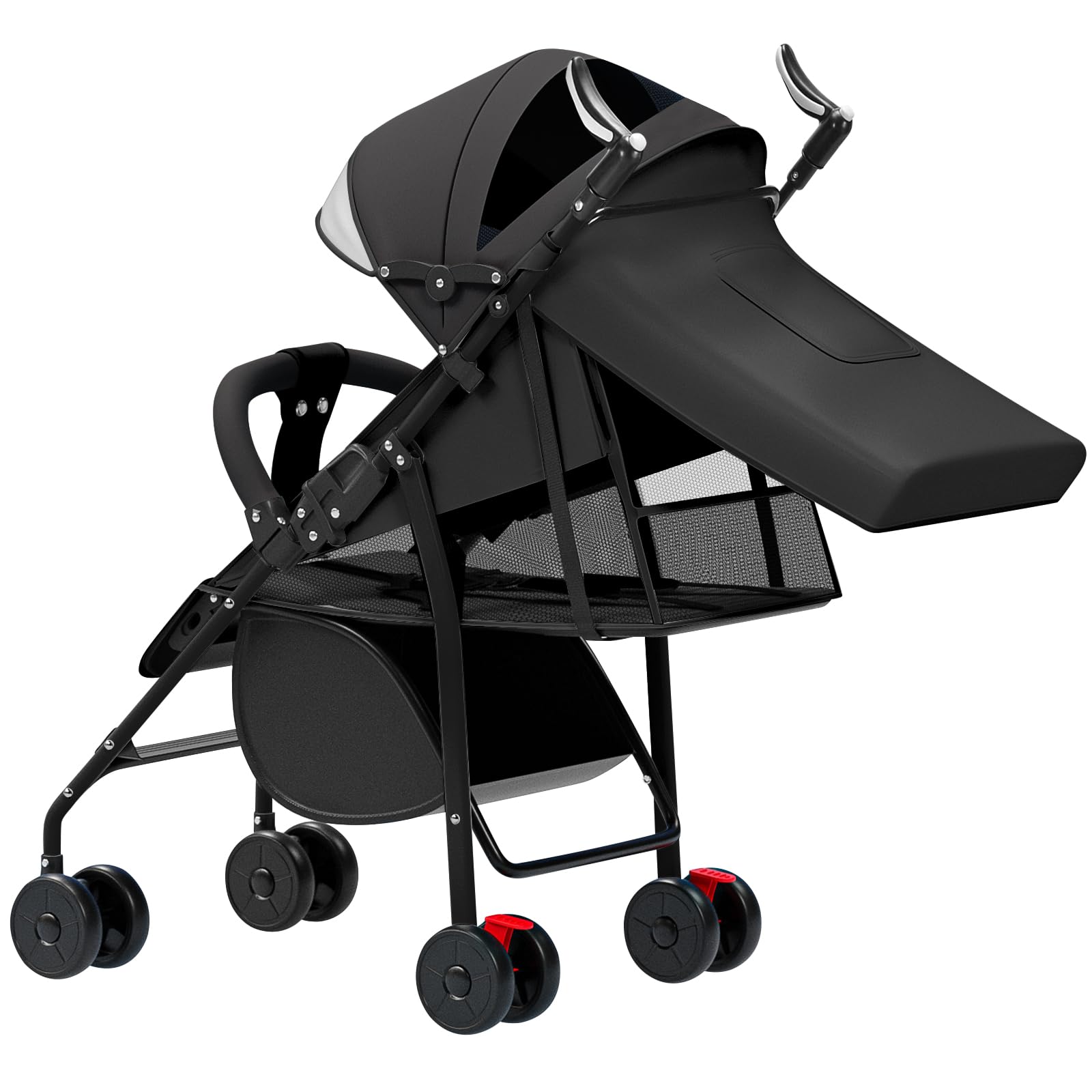 Passeggino Leggero e Compatto, Ultra Leggero, Reclinabile, Posizione Lettino, Pieghevole a Parasole, Capottina Regolabile - dalla Nascita a 22 Kg, Cuscino in Cotone + Zanzariera, Nero