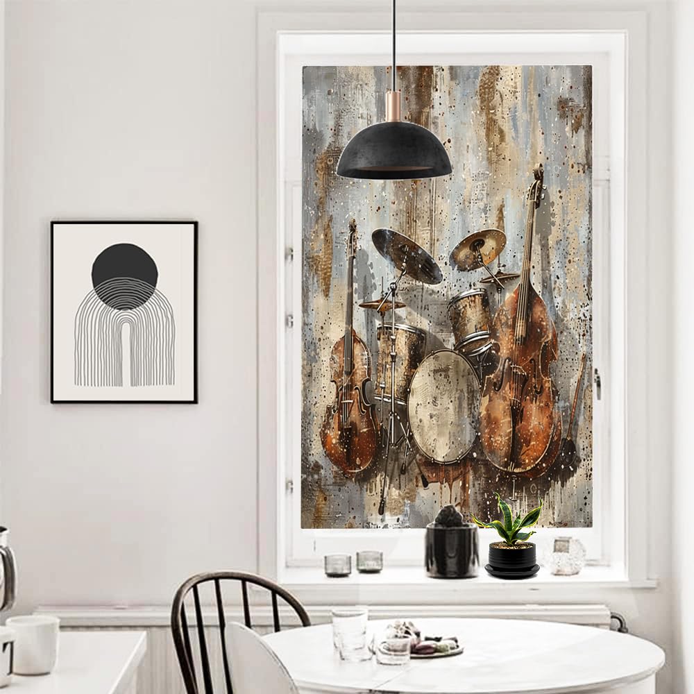 Fensterfolie, Motiv: Retro-Aquarell-Instrumente, Buntglas-Fensterfolie, Gitarrentrommeln, Musikaufführung, dekorative Milchglas-Sichtschutzfolie, Wärmeregulierung, statische Haftung, Fensteraufkleber