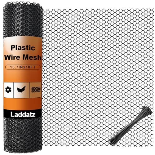 Plastic Chicken Wire Mesh - 15.7 in x 10 ft Black Plastic Wire Mesh Fence for Dogs Cats & Poultry - Garden Netting & Animal Barrier Balcony Netting for Pets - Laddatz