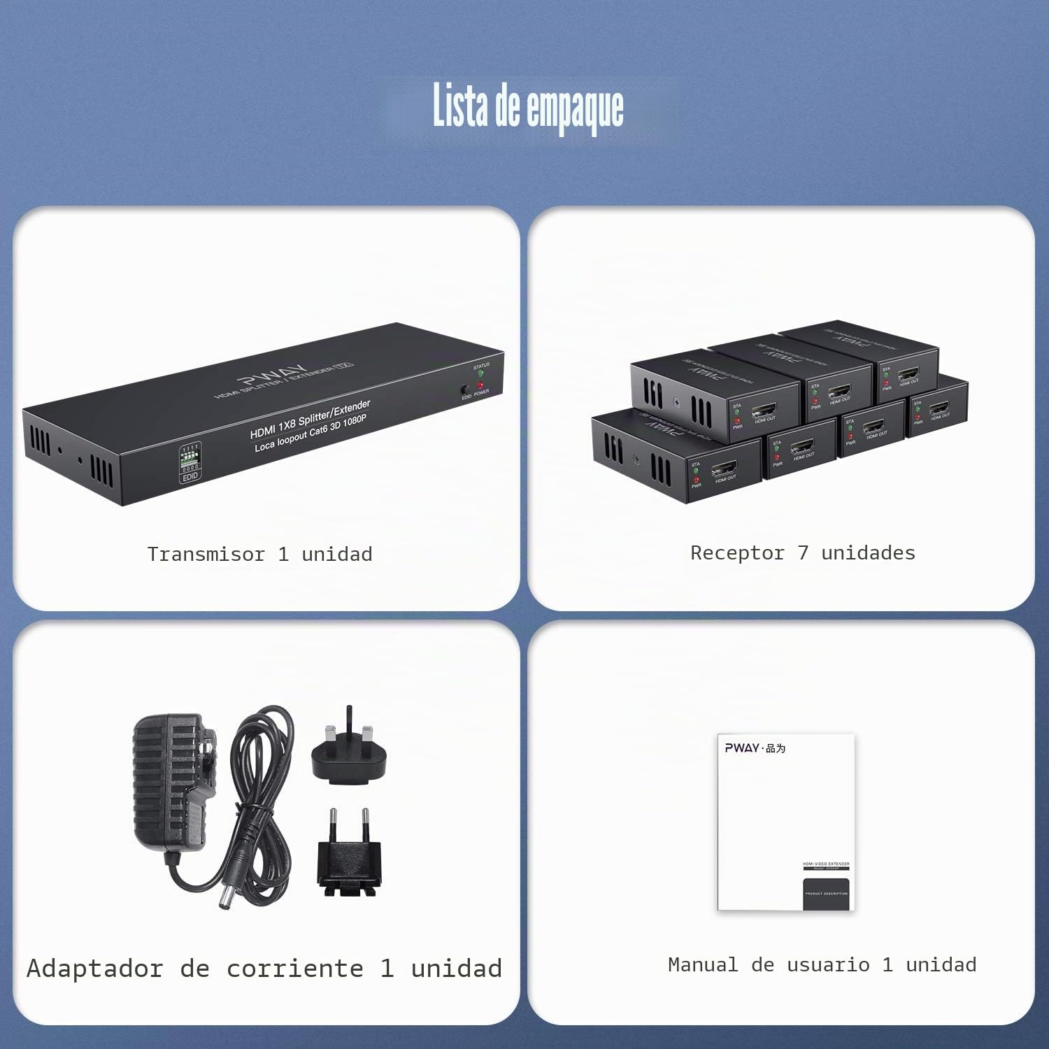 PW-HTS0107 (POC) 1X7 Splitter HDMI Extensor de Divisor Puerto sobre Cat5e/Cat6 Cable Ethernet con Control Sin demora hasta 50m/165ft y Resolución hasta 1080P@60 Hz (1 In 7 out)