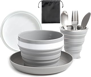 Camping Plate Bowl Cup Cutlery Set for 1, Folding Portable Camping Plates and Bowls Set, Crockery Sets for Hiking, Travel...