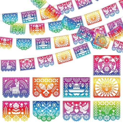 Qpout 5 Paquetes Banderas Mexicanas De Fiesta Plástico Iridiscente Papel Picado Banner Cinco de Mayo Decoración Fiesta Guirnalda Para Día De Los Muertos Decoración,Fiesta Cumpleaños Baby