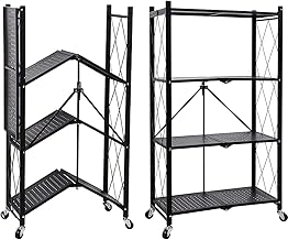 وحدة رفوف تخزين معدنية قابلة للطي من 4 طبقات مع عجلات تتحرك بسهولة، ارفف منظمة رائعة للمراب والمطبخ تحمل ما يصل الى 1000 باوند، اسود، مغطى بالمسحوق