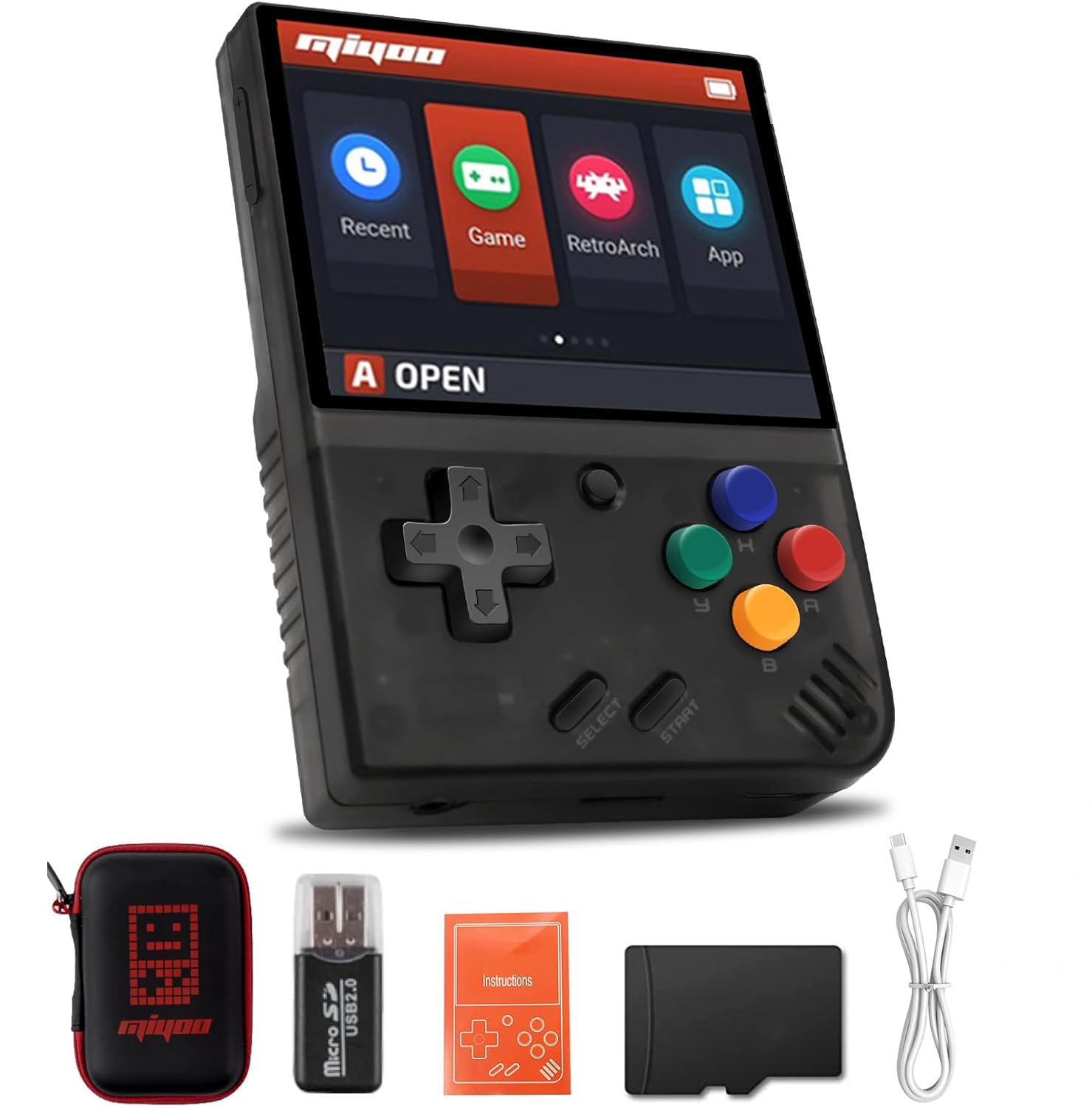 Whatsko MiyooMini V4 Consola de Juegos Portátil,Consola Retro 64GB con 10000 Juegos,Sistema Linux Cortex-A7 Pantalla IPS de 2.8 pulgadas 2000mAh,Soporta WiFi HDMI y Salida TV(Negro)