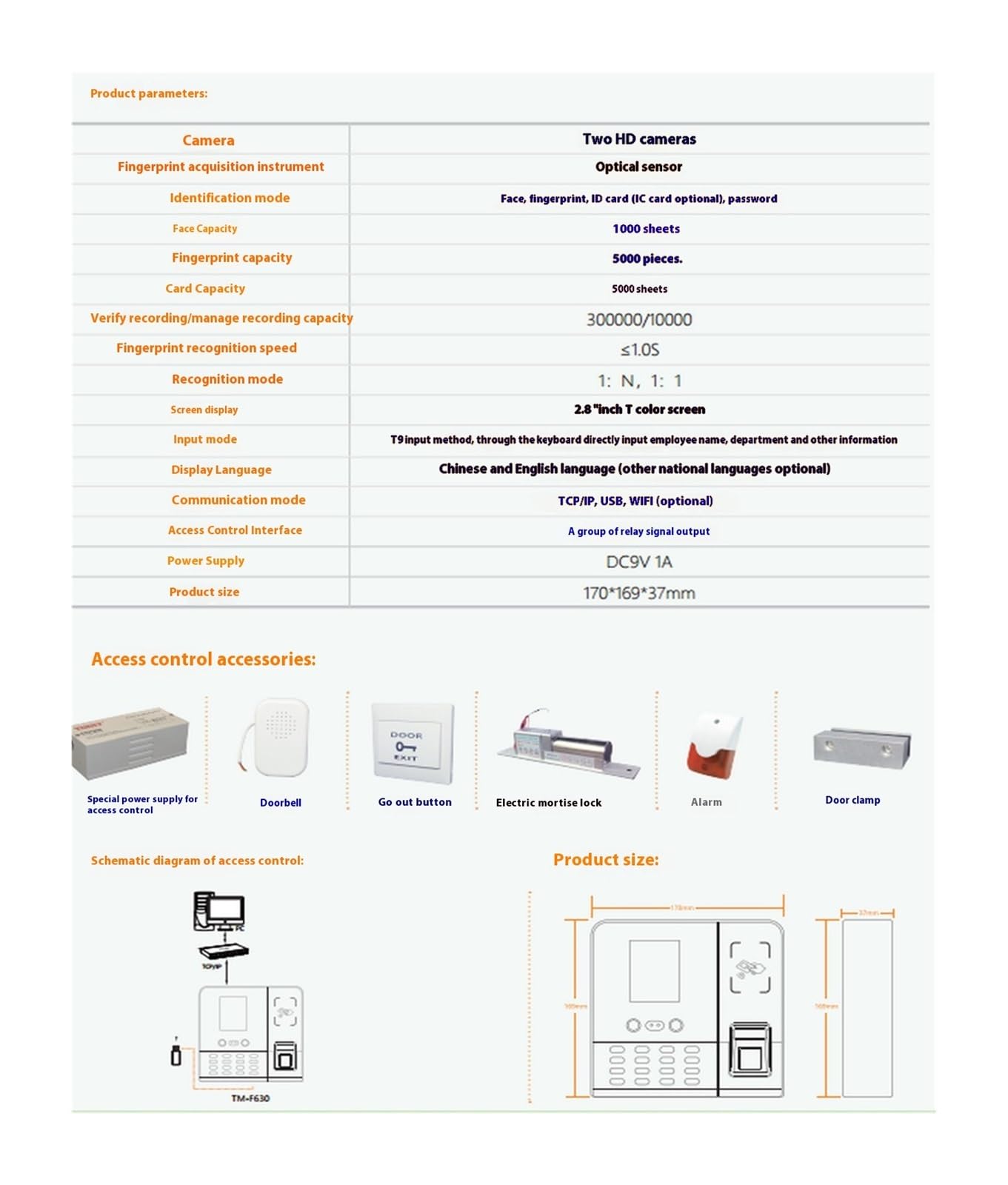 Registratore di dispositivi for presenze volti e impronte digitali for aziende TM-F630,Soluzione per ufficio robusta