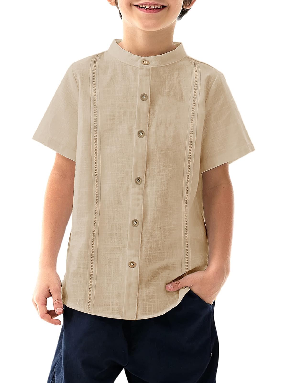 Haloumoning Camisa de manga corta para chicos Cuban Guayabera Camiseta Niños Algodón Casual Camisa Lisa Verano Playa Casual Camisa