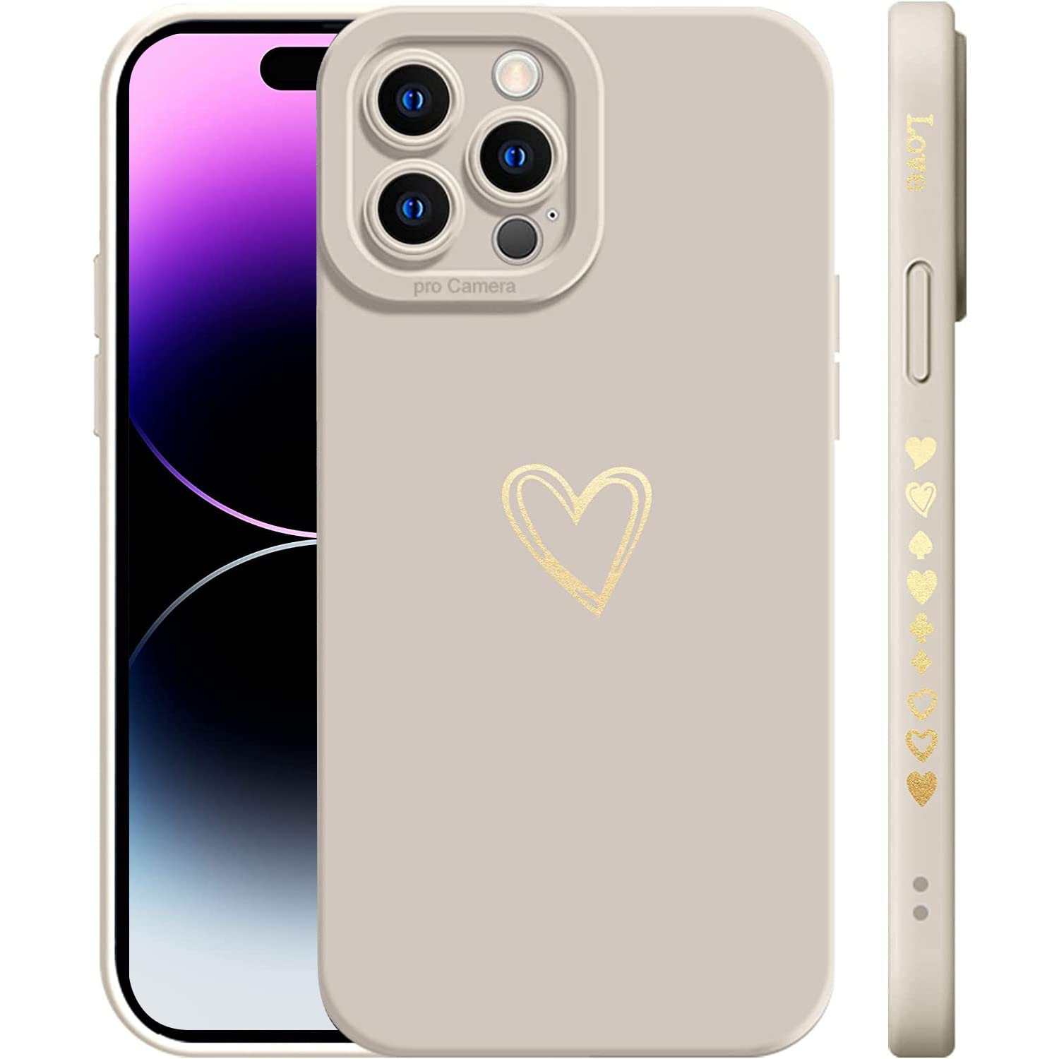 T Tersely Compatible with iPhone 14 Pro Max Case Luxury Gold Heart Pattern Soft Liquid Silicone Shockproof Case for Women Girls Side Cute Plated Heart Pattern Slim Phone Case (White)