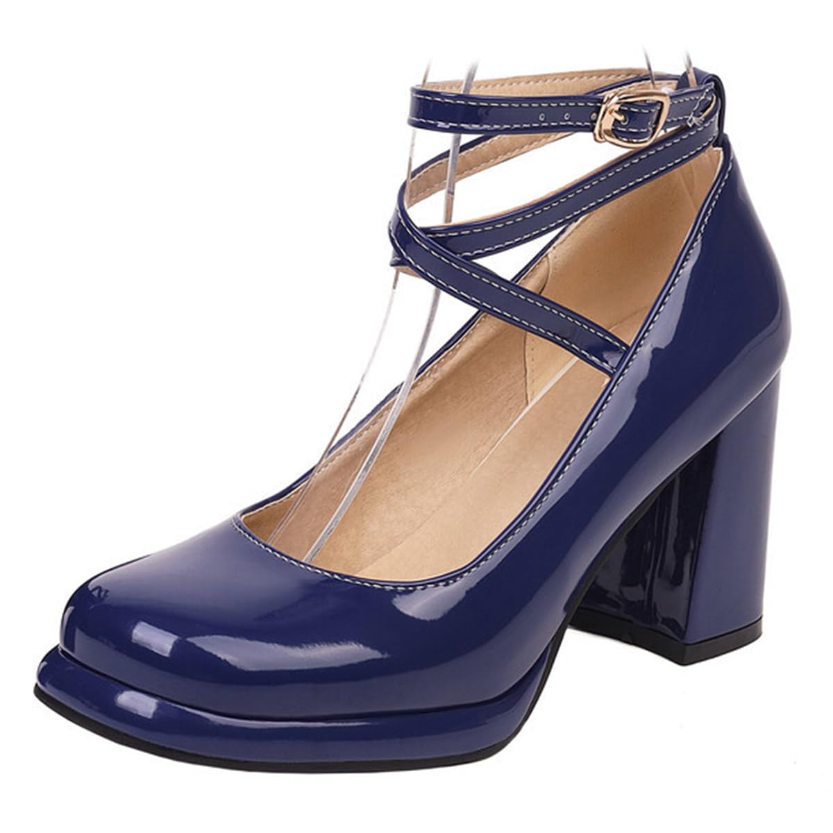 Zapatos Vestir Charol Mujer Correa Cruzada Tacón Bloque Mary Jane