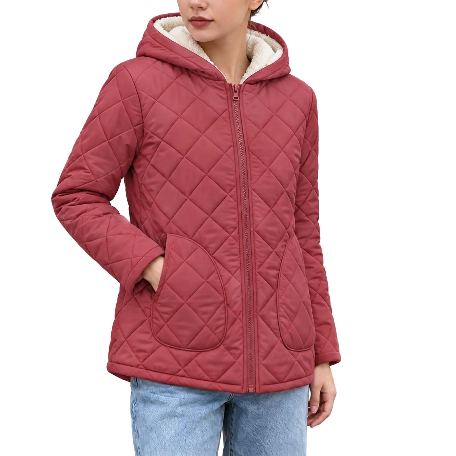 Steppjacke Damen Gepolsterte Übergangsjacke mit Kapuze Taschen Freizeit Winterjacke Reißverschluss Warm Gefüttert Fleecejacke Herbst Winter Outdoor Jacken Steppmantel