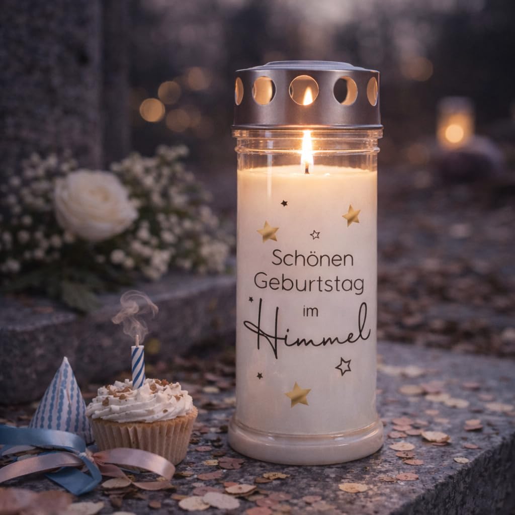 Grablicht 'Schönen Geburtstag im Himmel' | 7-Tagebrenner | Grabdekoration für eine Gedenkstätte | Trauerkerze | UV-Beständig | 21cm