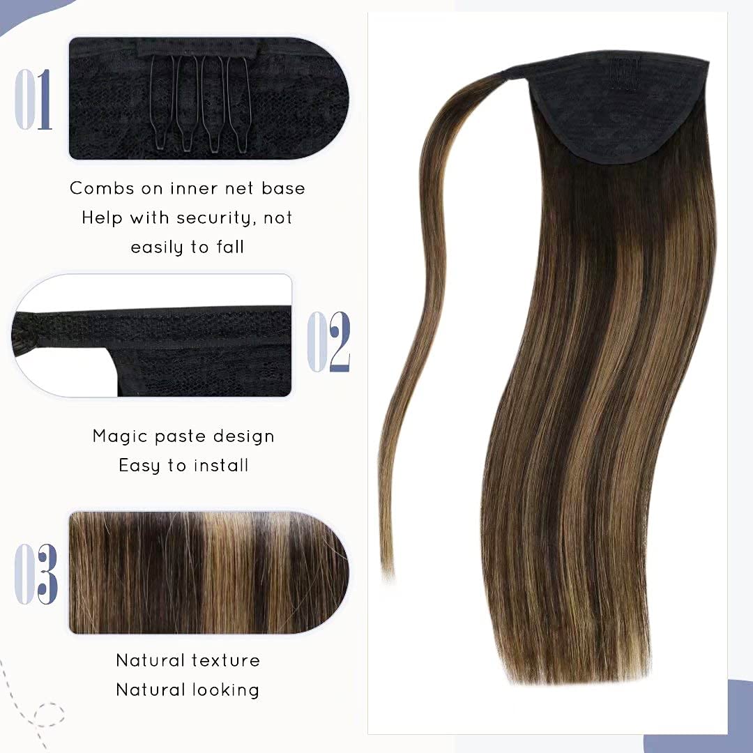 LaaVoo Pony Tail Extensions Real Human Hair 16 Inch 80g Balayage Darkest Brown to Light Brown Remy Straight Ponytail hair Extensions #2/8/2 - Image 2