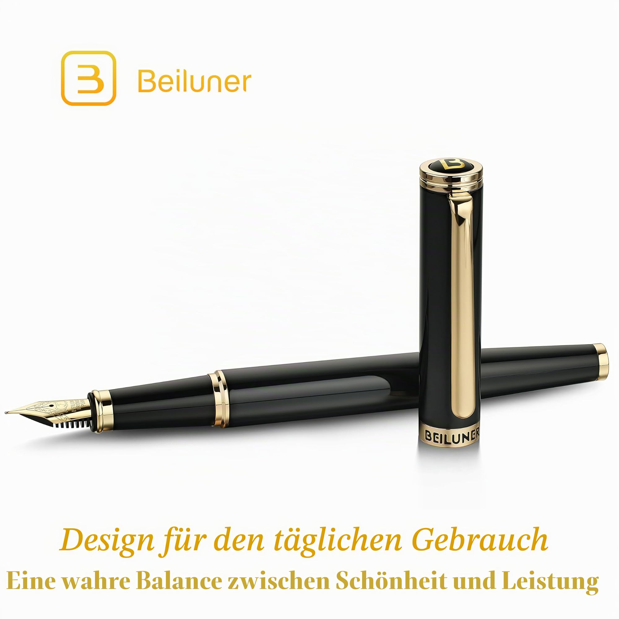 BEILUNER Füllfederhalter Schwarz, luxuriöser Schreibgerät mit 24K Gold-Akzenten & vergoldeter Feder (Fein), elegantes und zuverlässiges Geschenkset inkl. Konverter für Damen und Herren
