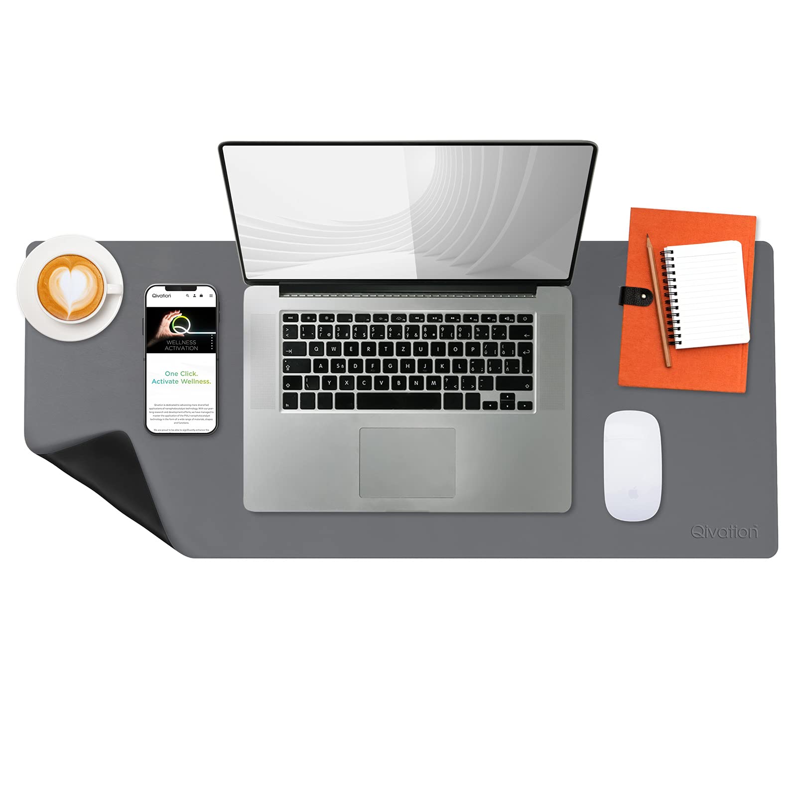 TiO2 Desk Mat Japan Tech 24/7 Air Purification, PU Leather Desk Blotter, Waterproof, Mousepad, Laptop, Office, Kids Writing, Gaming, Office and Home, Dual-Sided (40cm x 80cm)(Grey & Black)