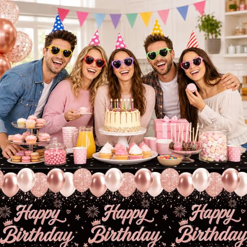 Image of 6 Pack Black and Rose Gold Happy Birthday Tablecloths, 54 x 108 Inch Covers | Rose Gold Birthday Party Decorations for Women, Girls and Teens, Ideal for Cake, Dessert, Gift and Buffet Tables