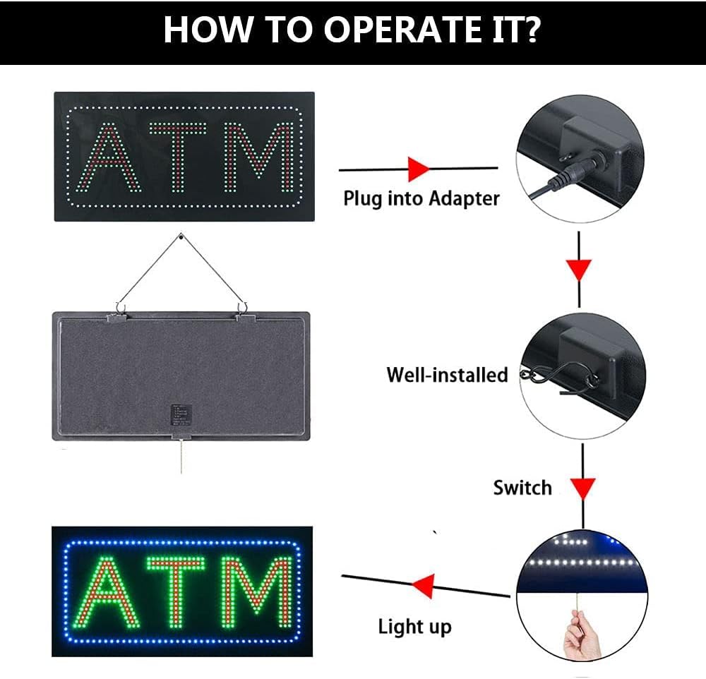 LED ATM Sign for Business, Super Bright LED Open Sign for ATM Electric Advertising Display Signboard for ATM Business Store Window Decor. (24" x 12")