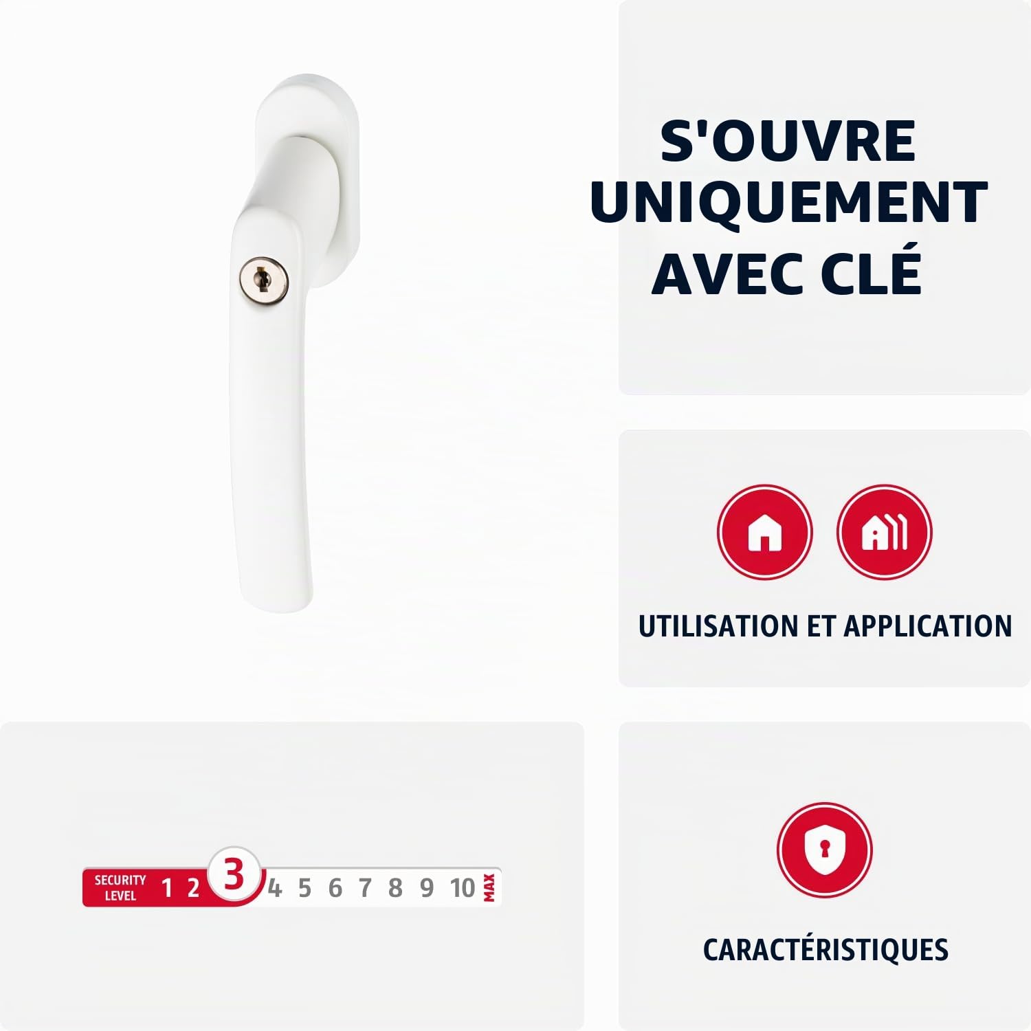 ABUS Poignée de Fenêtre Verrouillable FG200 AB208 - Lot de 3 - Bouton de Fenêtre avec Cylindre de Pression, à Verrouillage Différent - Niveau de Sécurité 3- 54576 - Blanc