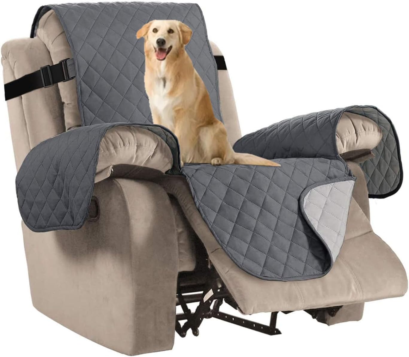 H.VERSAILTEX Reversible Quilted Recliner Covers Recliner Chair Cover Water Resistant Furniture Protector Washable Couch Cover with Elastic Straps for Kids, Pets (Oversized Recliner, Grey/Beige)