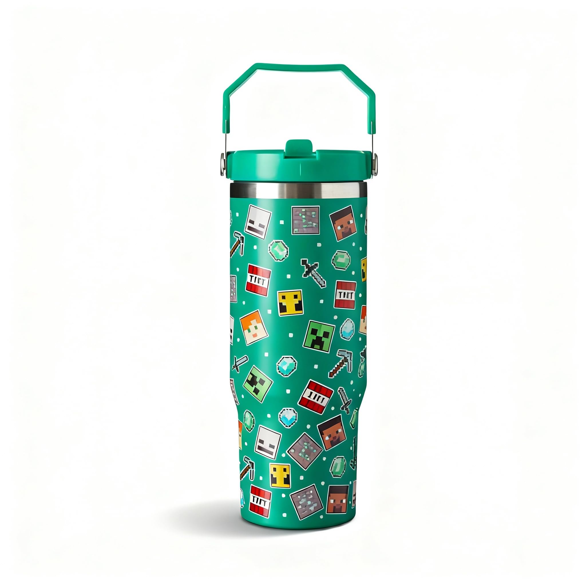 Minecraft 900ml Thermal Travel Mug Water Bottle Tumbler - Leakproof Straw & Lid - Stainless Steel Vacuum Insulated | Cold for 17Hrs - Hot for 5Hrs, Green
