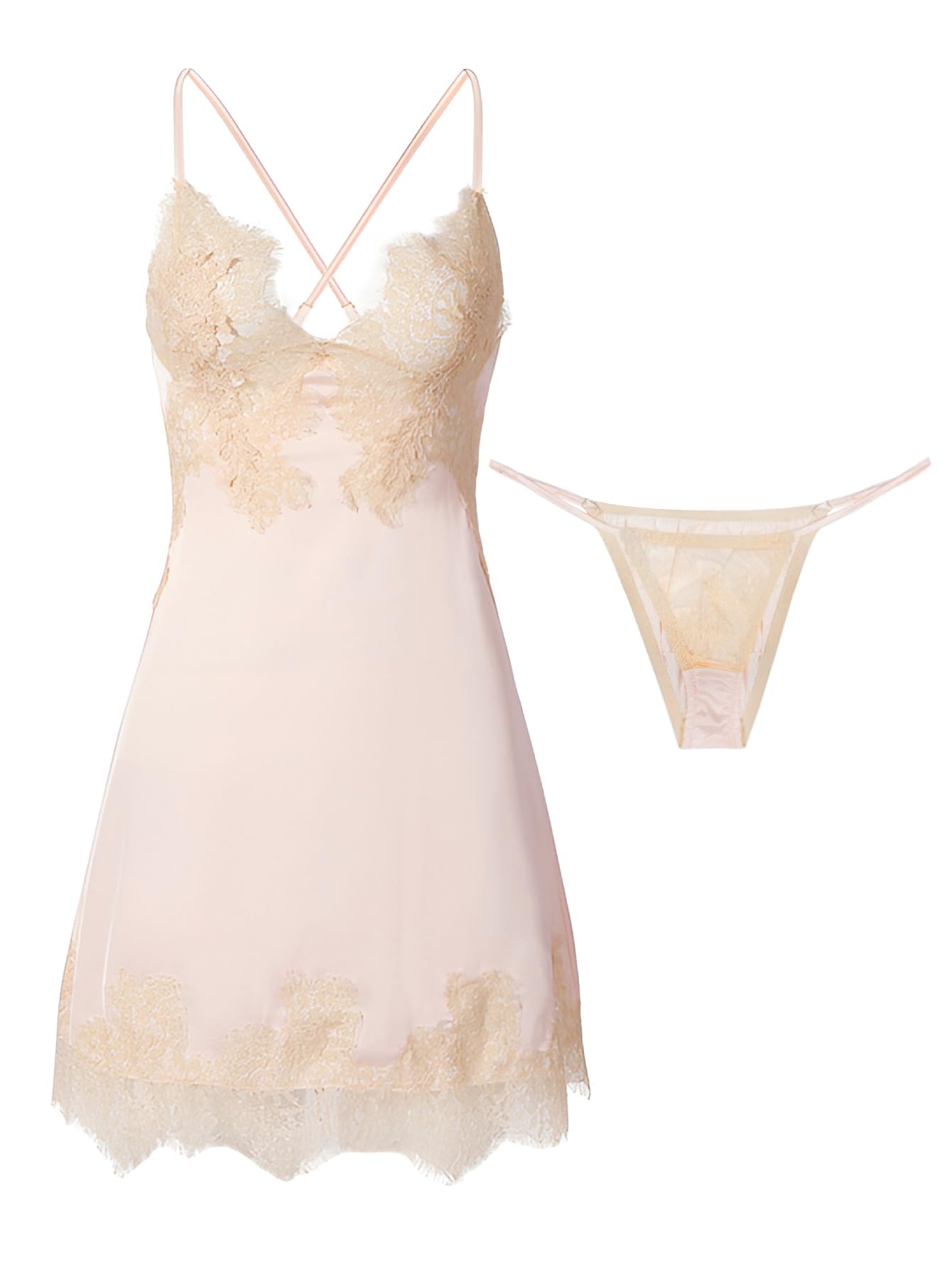 Lilosy Sexy Lingerie Dress 2 Piece Silk Bridal Nightgown with Thong