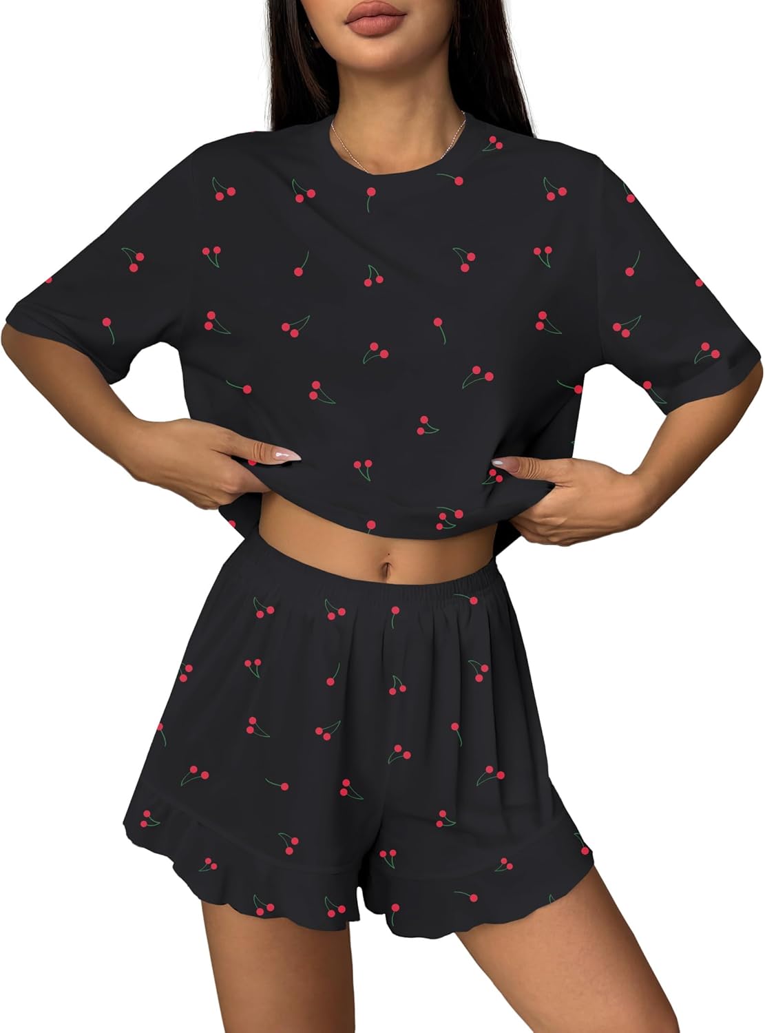 Hilinker Womens Cute Graphic 2 Piece Pajamas Short Sleeve Top with Shorts Comfy Loung Set - Image 4