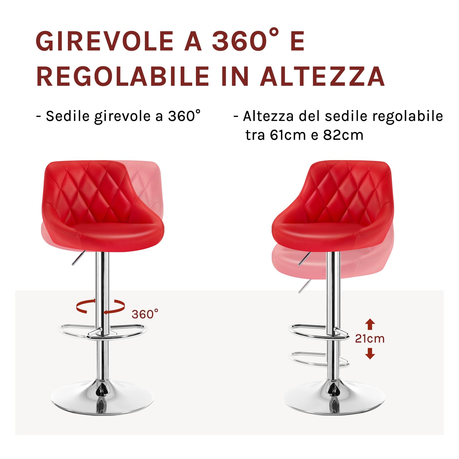 WOLTU Sgabello da Bar Moderno Girevole Sedia Cucina Alta con Schienale Quadrato Poggiapiedi Senza Braccioli Altezza Regolabile in PU Rosso 1 Pezzo