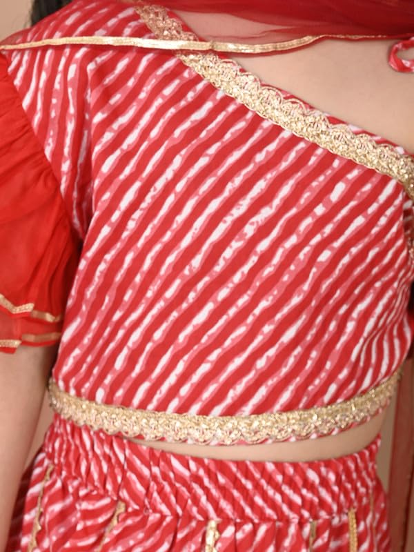 Image of superminis Girl's Cotton One Shoulder Lehariya Printed Readymade Lehenga Choli And Net Dupatta Set