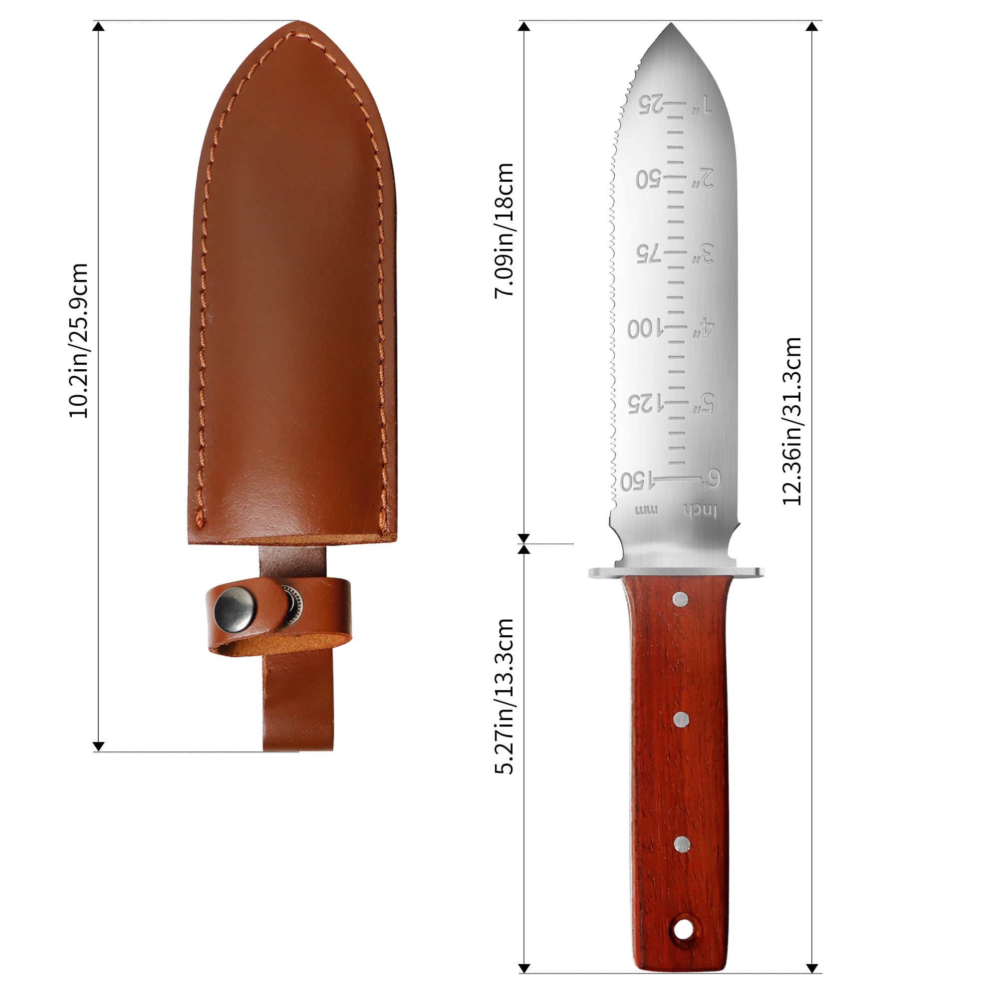 FLORA GUARD Hori Hori Couteau de jardin, Outil Multi-Fonction de Jardin idéal pour désherber, creuser, planter et plus encore, avec un fourreau en cuir épais et une pierre à aiguiser