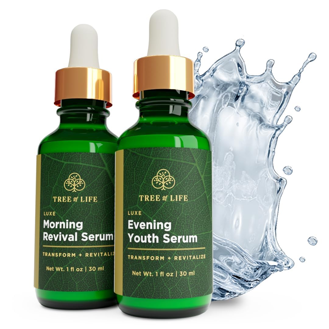 Tree of Life Facial Serum for Face - Skin Care Face Serums, Hydrating, Skin Care Duo Serums, Smooth Dry & Sensitive Skins (Luxe Morning and Evening Youth, 2 x 1oz)