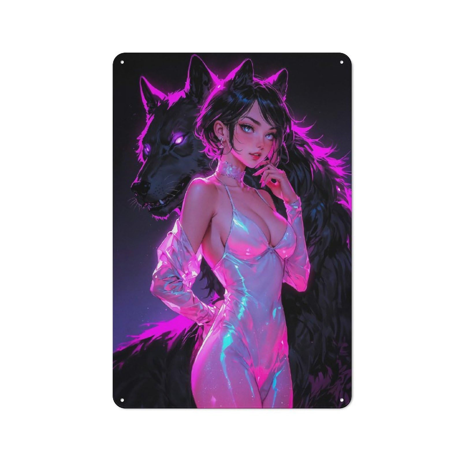 Junmoney Style-18 Loft Style Metal Wall Sign 30X20cm Featuring Neon Wolf Lady, Studio Wall Art For Loft, Studio, Office Or Creative Room