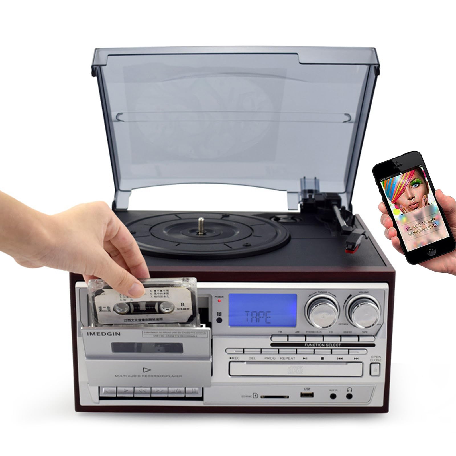 Giradischi Bluetooth con altoparlante stereo, convertitore da LP a MP3, CD, cassette e radio per l'intrattenimento domestico
