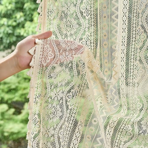 Image of MYSKY HOME Beige Boho Lace Sheer Curtains with Tassels 84 Inch Length 2 Panels Vintage Floral Bohemian Pattern French Rustic Crochet Geometry Striped Rod Pocket Drapes for Living Room Bedroom, 55 inch W