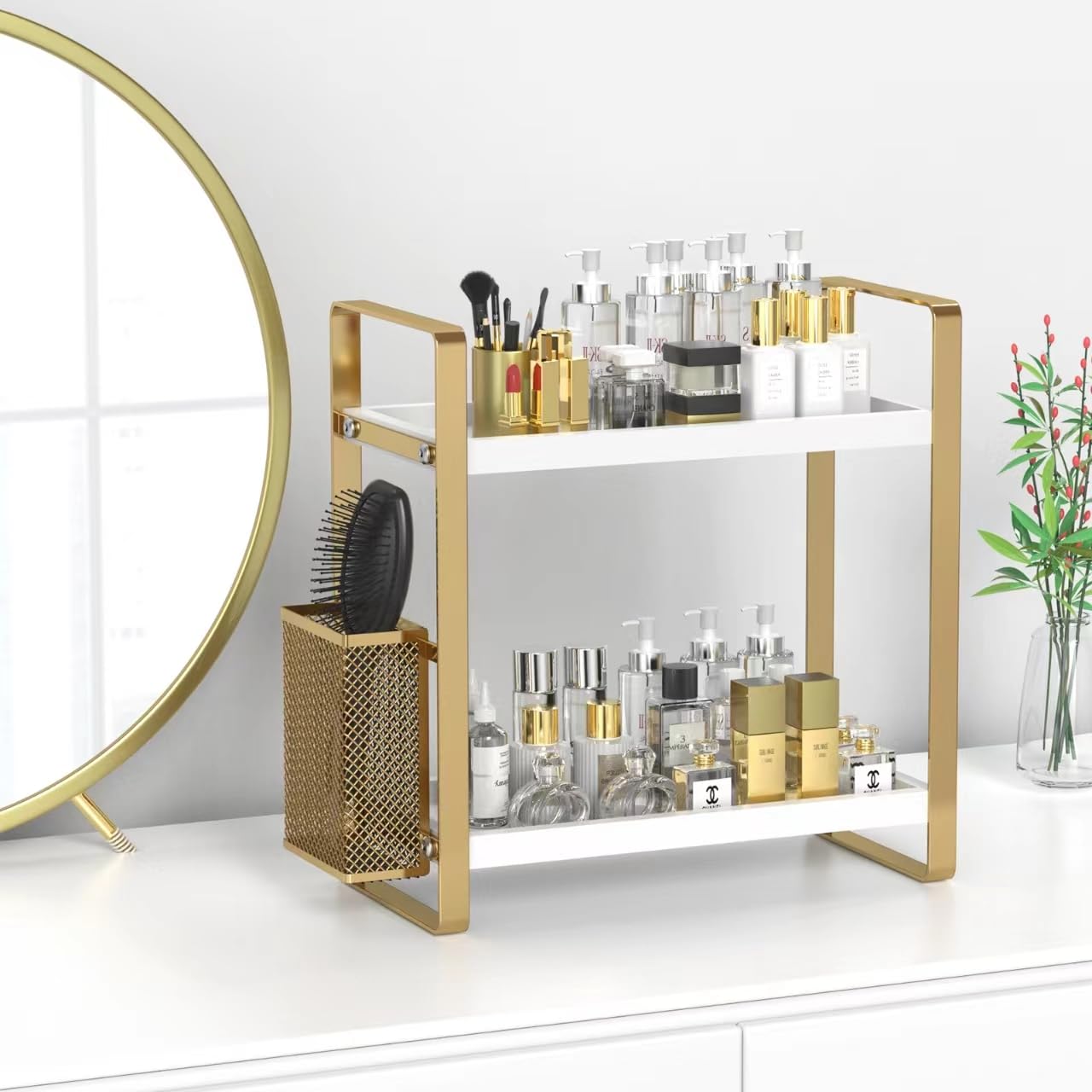 LEMIKKLE Organizer da bagno con cestino, organizer per bagno e stoccaggio, organizer per la cura della pelle per toeletta, organizer per bagno, cucina, cassettiera (bianco)