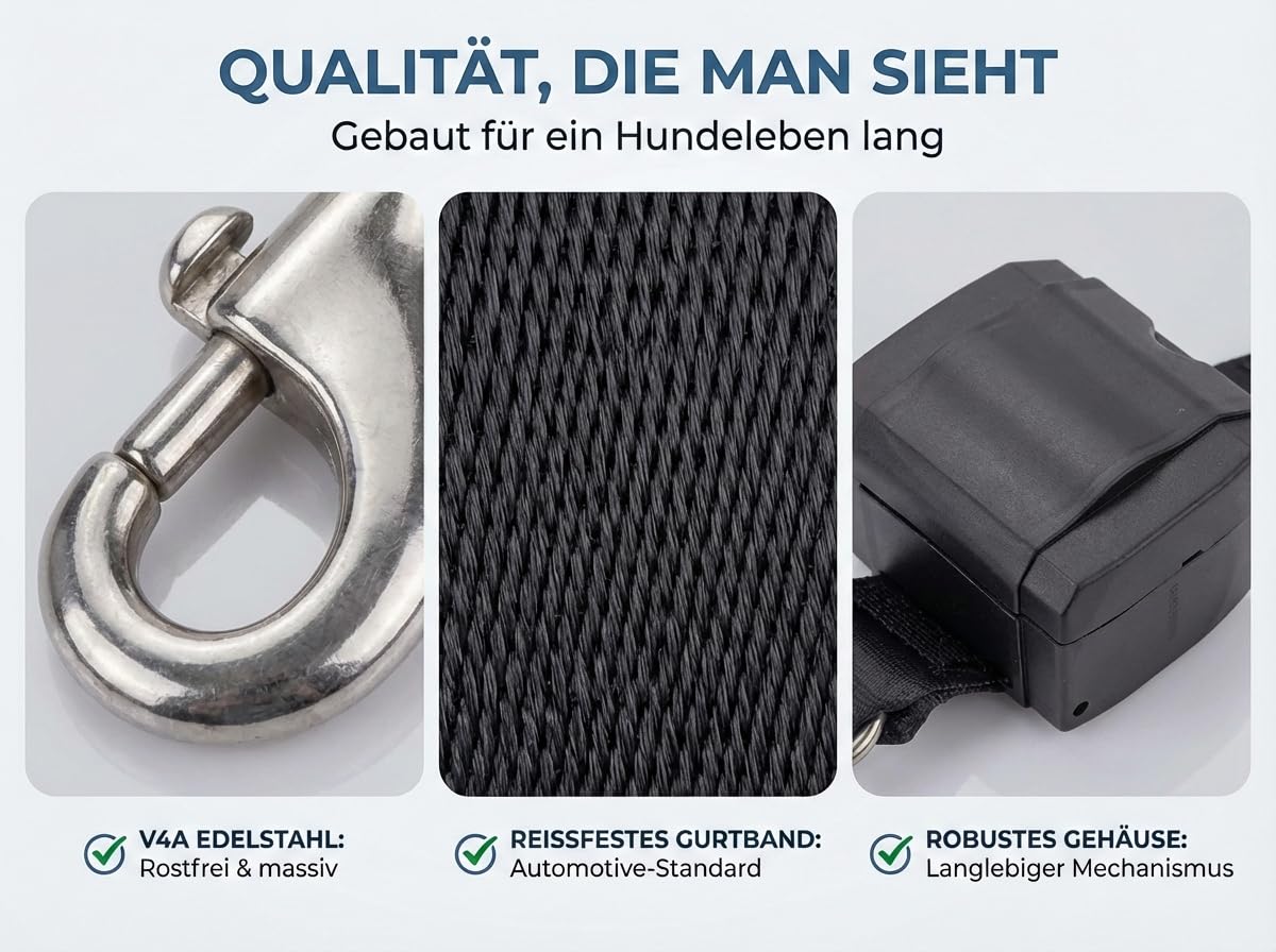 Automatik Sicherheitsgurt für Hunde im Auto - ausziehbar - aus Deutscher Produktion/Anschnallgurt Hund Auto für mittlere und große Hunde/Hundegurt mit drehbarem Edelstahl Karabiner