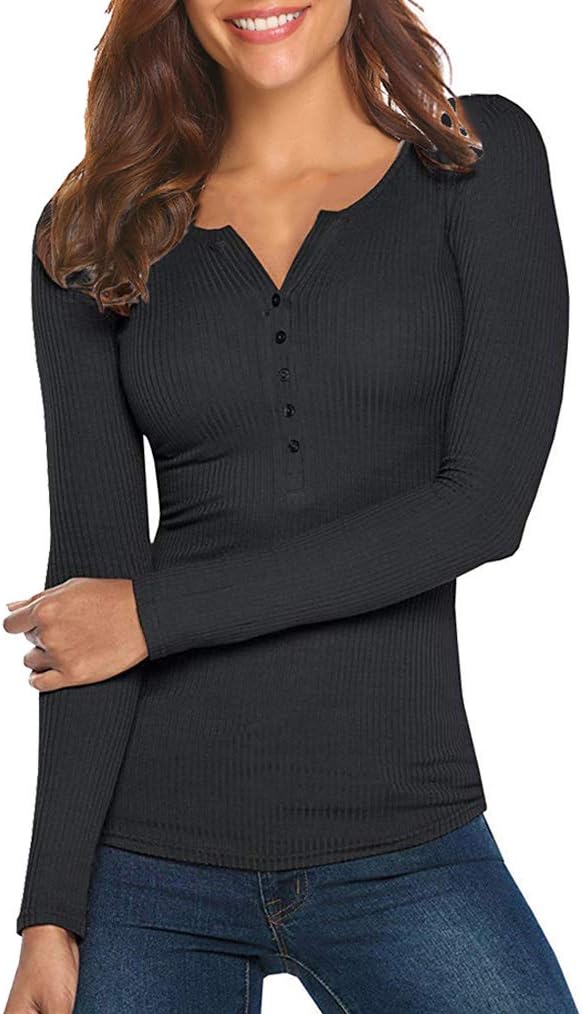 Tobrief Women's Henley Shirts Long Sleeve V Neck Ribbed Button Down Knit Sweater Fitted Tops
