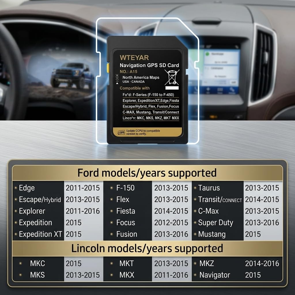 2025 zaktualizowana karta SD nawigacji A15 do Ford F150 F250 F350 F450 F550 Ranger | Edge (2011-2015) | Lincoln MKC MKS MKZ MKT MKX | Zgodność z Sync 2 | Zaktualizowane mapy USA Kanada Meksyk 2024