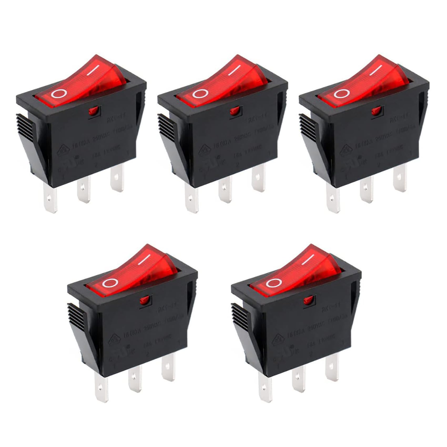 Baomain 5-Pack Rocker Switch with Red Light, ON/Off SPST 3 Pin 16A