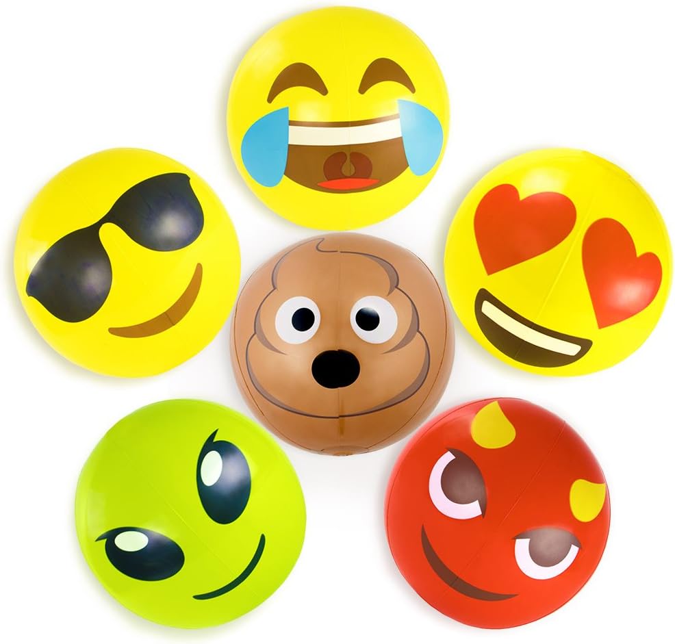 Beach Ball Set with Emoji Faces: Unique Pool & Birthday Party Gifts or Favors for Kids & Teens: 6 Funny Emojies - Choose Your Size!