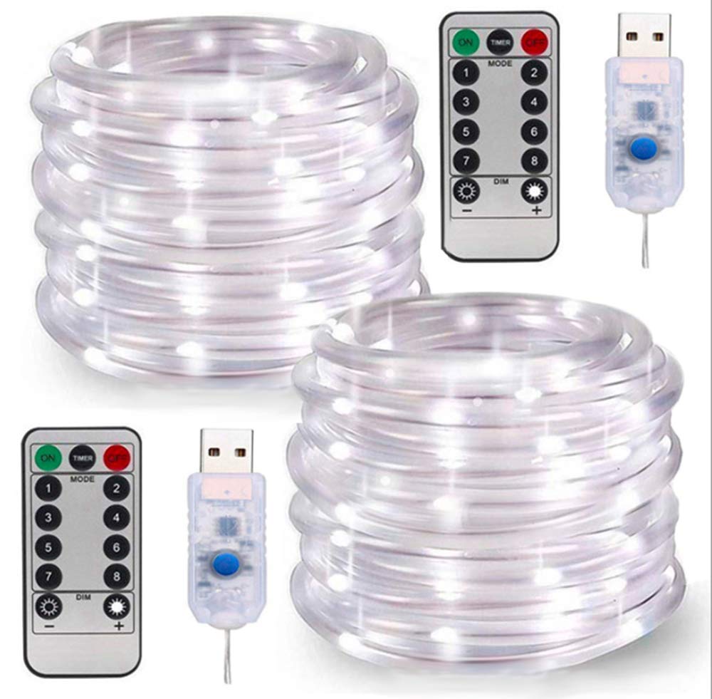 Lot de 2 cordes lumineuses LED 10 m 100 LED alimentées par USB 8 modes pour jardin, terrasse, Noël (blanc), blanc