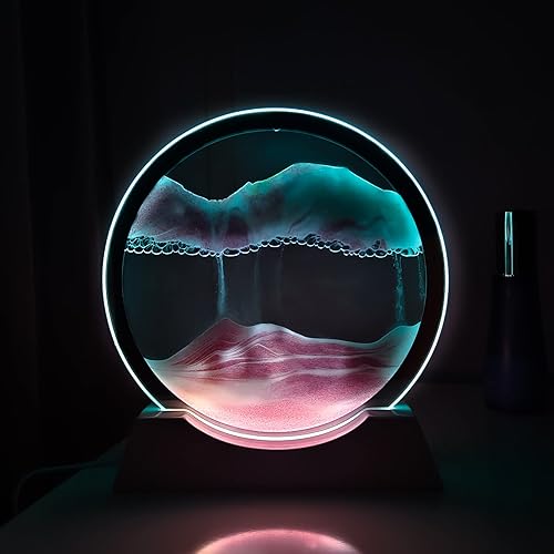 Miniatura 9 de Arte de arena movimiento líquido con base de madera blanca clara, arte de arena en movimiento, flujo de vidrio redondo, pintura de arena, 3 colores